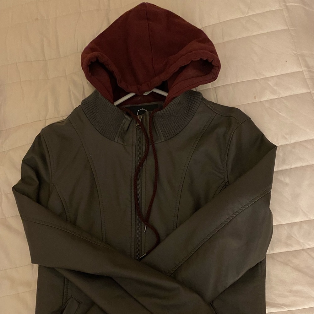 Grey leather jacket with maroon hoodie